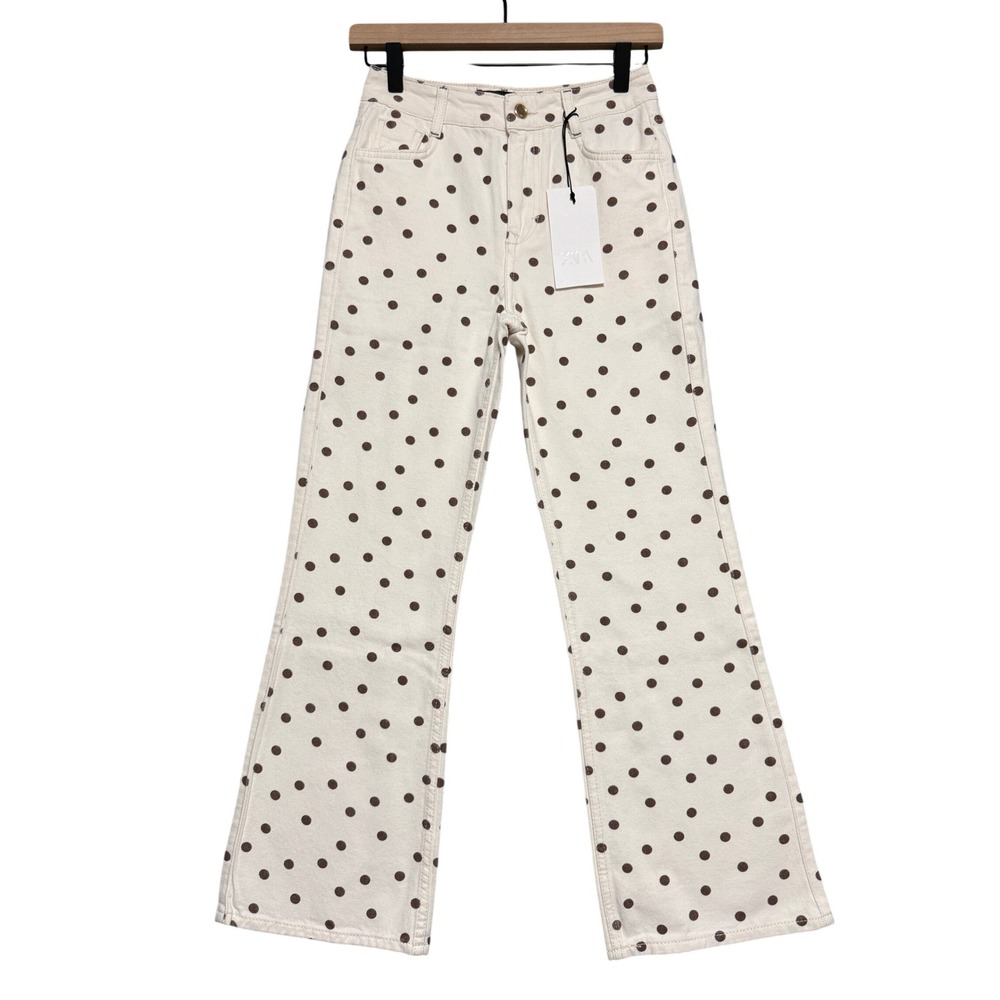 Zara Polka Dot Jeans Women Size 0 Cream Brown High Rise Retro Coquette Feminine